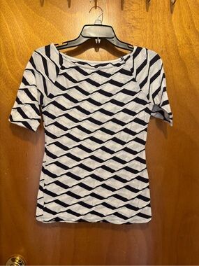 New York & Company Navy and White Diagonal Stripe Short-Sleeve Top